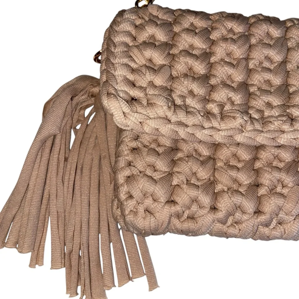 Tamille Crochet Bag Womens Purse Woven Gold Chain Leather Shoulder Strap Beige